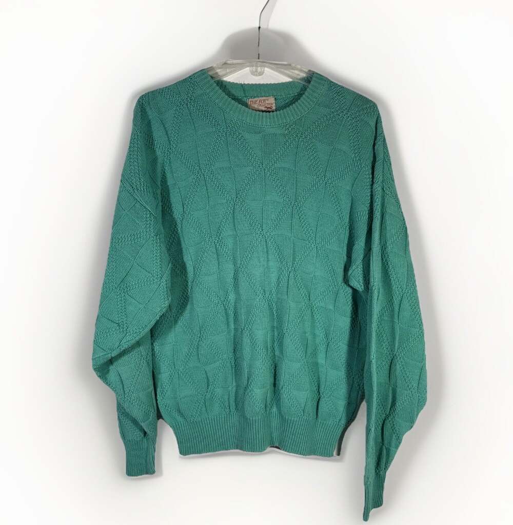 Vintage The Fox Collection Mens L Green Cotton Knit Sweater 80s Preppy Pullover